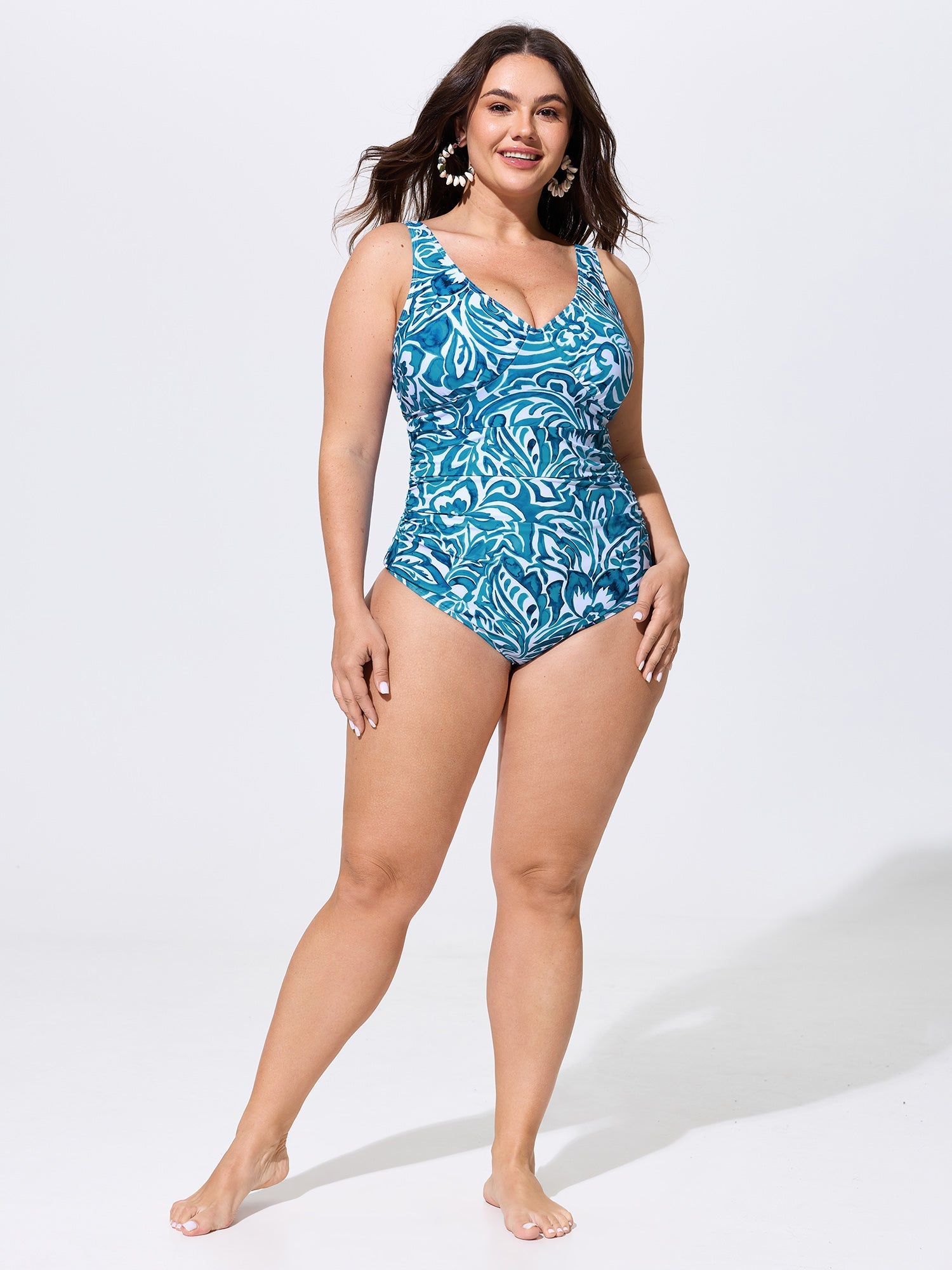 Floral Print V-Neck Ruched One-Piece Swim