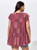 Geometric Print Ruffled Sleeve Top
