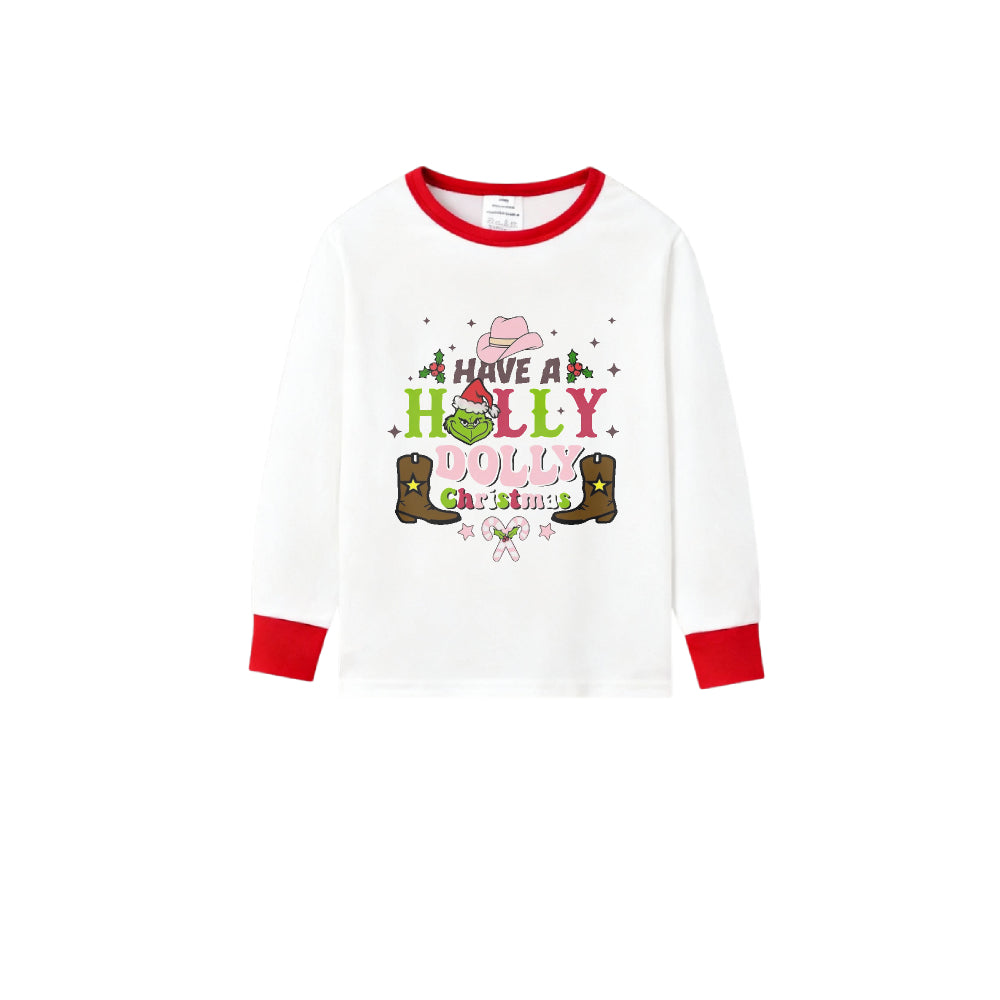 Family Christmas White Pajamas Set With Holly Dolly Pattern Print