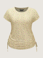 Micro Floral Print Adjustable Side Drawstring T-Shirt