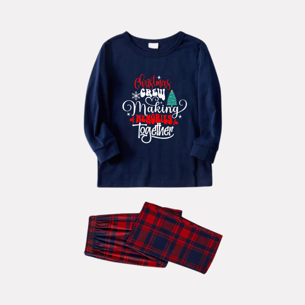 Christmas Family Matching Pajamas-Navy & Red Plaid Pjs Set with "Christmas Crew Making Memories Together" Slogan Print