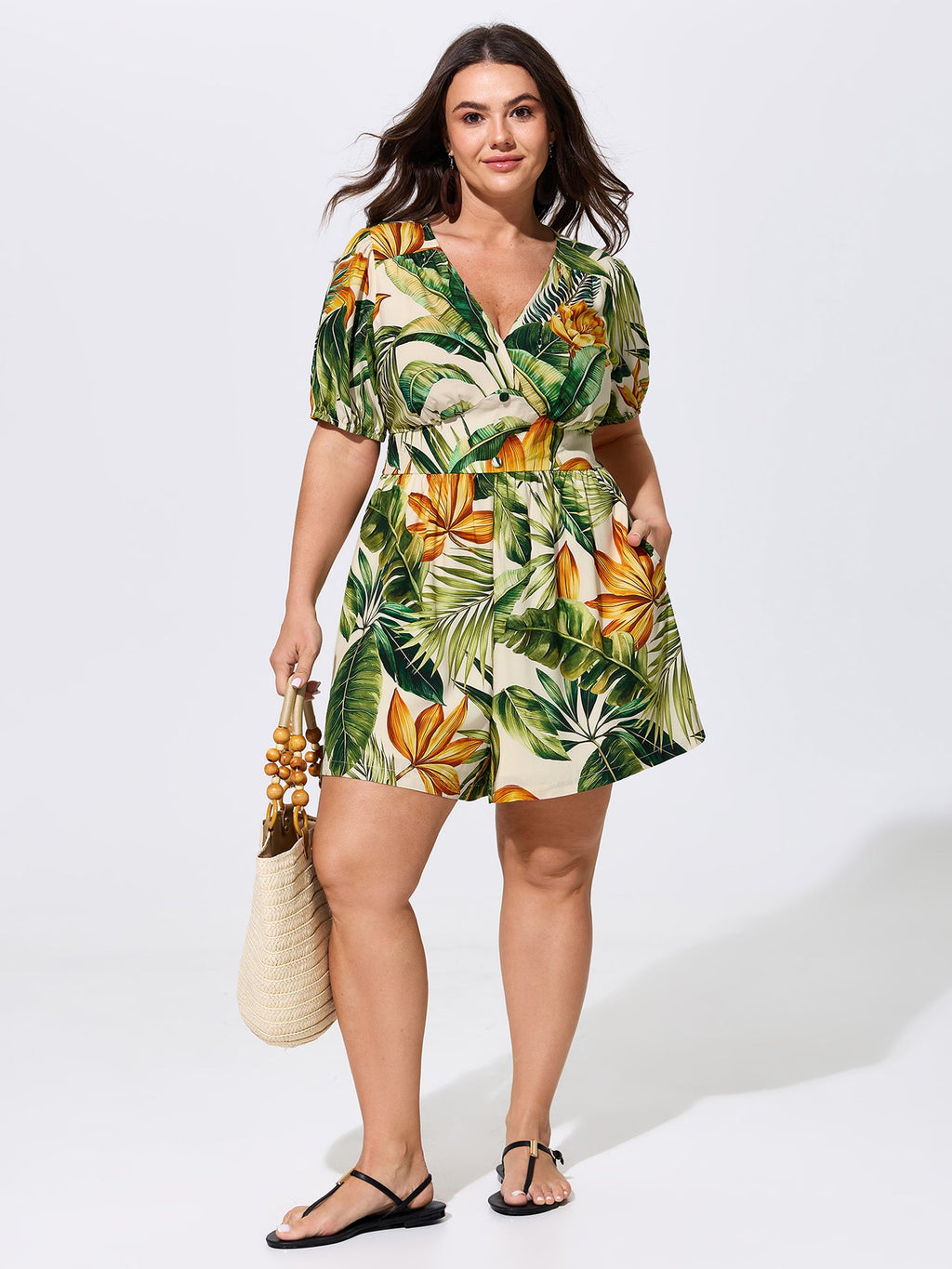 Tropical Print Shirred Wide-Leg Romper