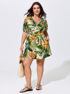 Tropical Print Shirred Wide-Leg Romper