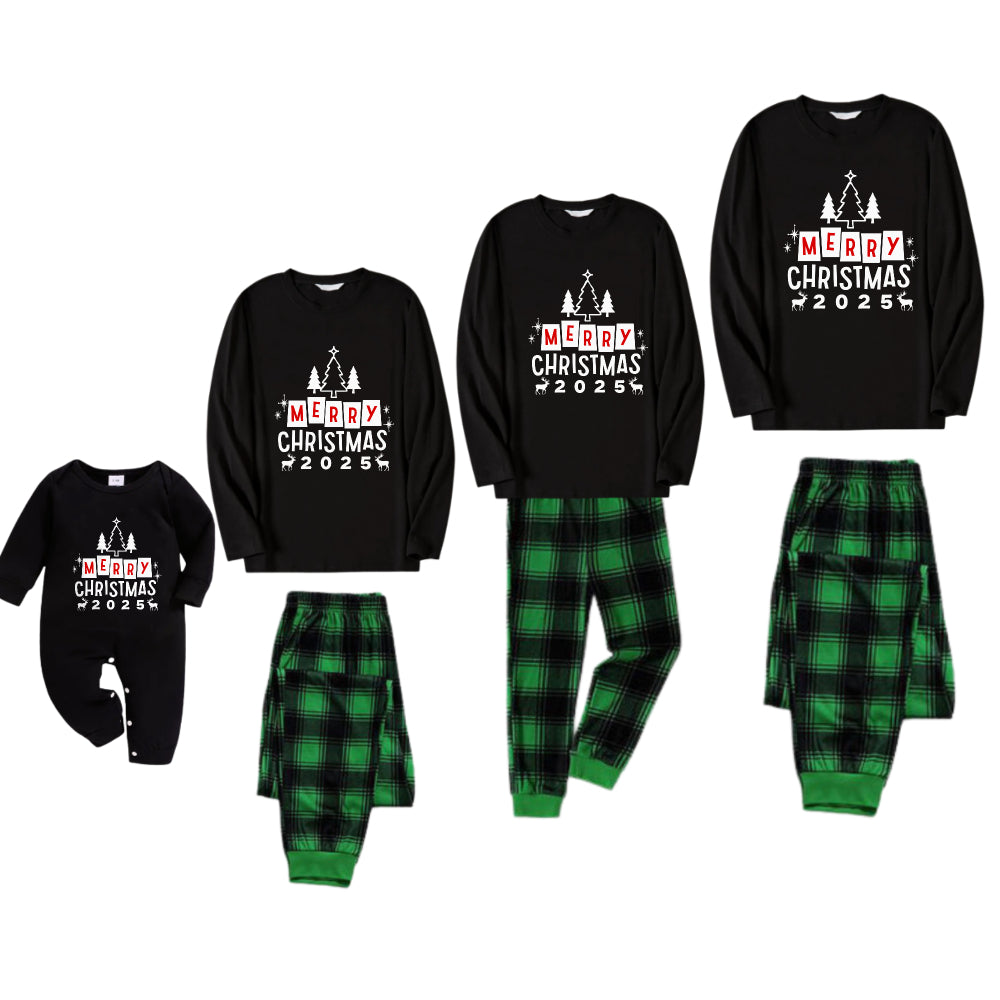 Christmas Family Matching Pajamas-Black Top and Green Plaid Pants Pjs Set with "Merry Christmas 2025" Print