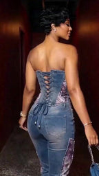 Side Printing Denim Corset Top Flared Jeans Casual 2pcs Set-Blue [Pre Order]