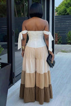 Off Shoulder Colorblock Ruffle Wide Leg Casual Jumpsuit-Brown