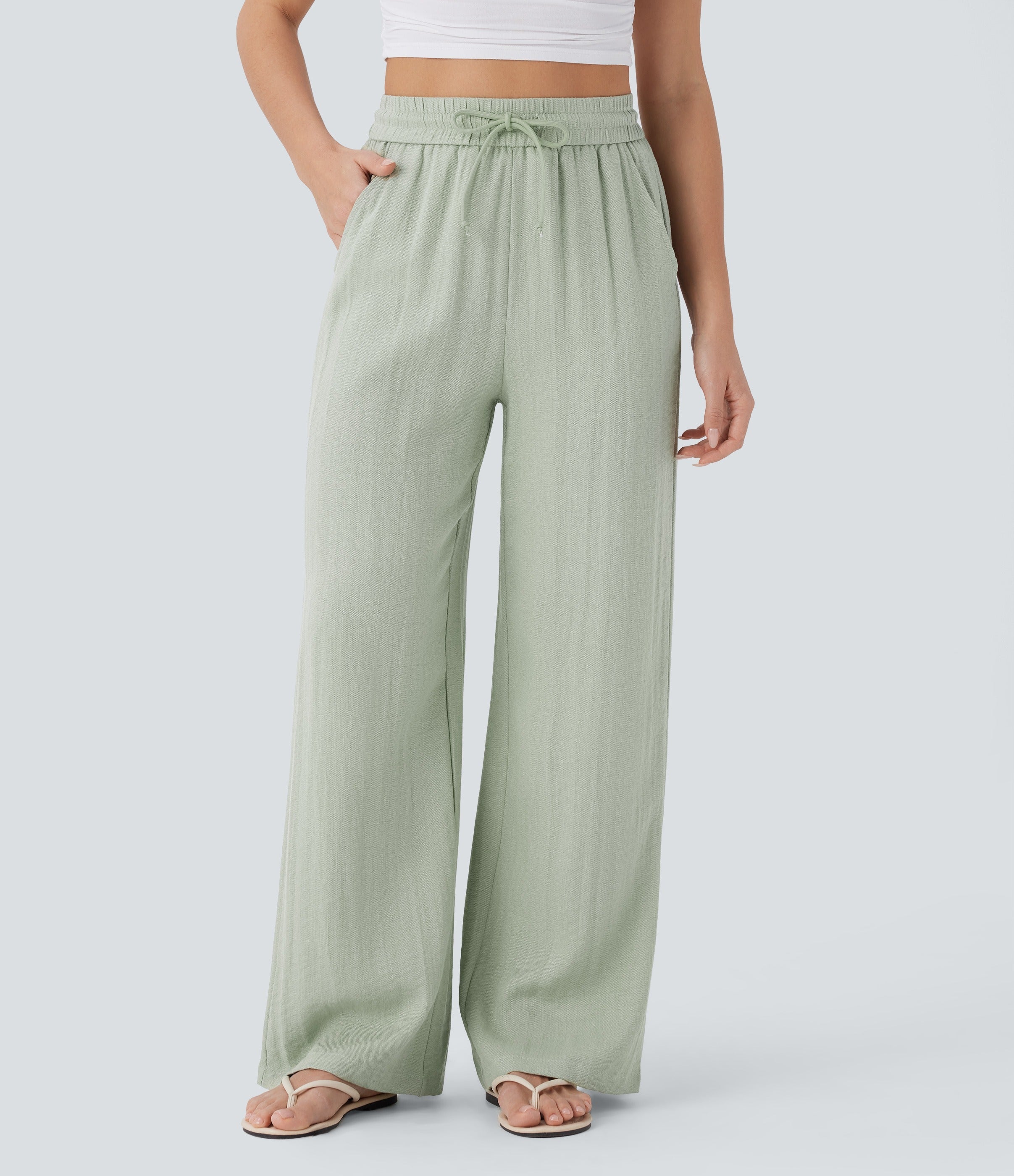 2026🔥 High Waisted Drawstring Pocket Wide Leg Casual Linen-Feel Pants