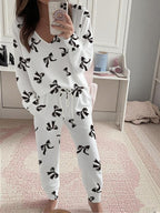 Bow Print V-Neck Long Sleeve Top & Tie Waist Pants Set