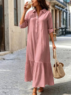 A women's fashionable, gentle, casual, lazy style solid color dress with a shirt collar twist button design, suitable for summer, daily commuting, beach travel, dates, picnics, etc.