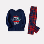 Christmas Family Matching Pajamas-Navy & Red Plaid Pjs Set with "Christmas Crew Making Memories Together" Slogan Print