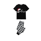 Believe Family Christmas Pajamas Set - Black Top Black and White Plaid Pants White Text Graphic