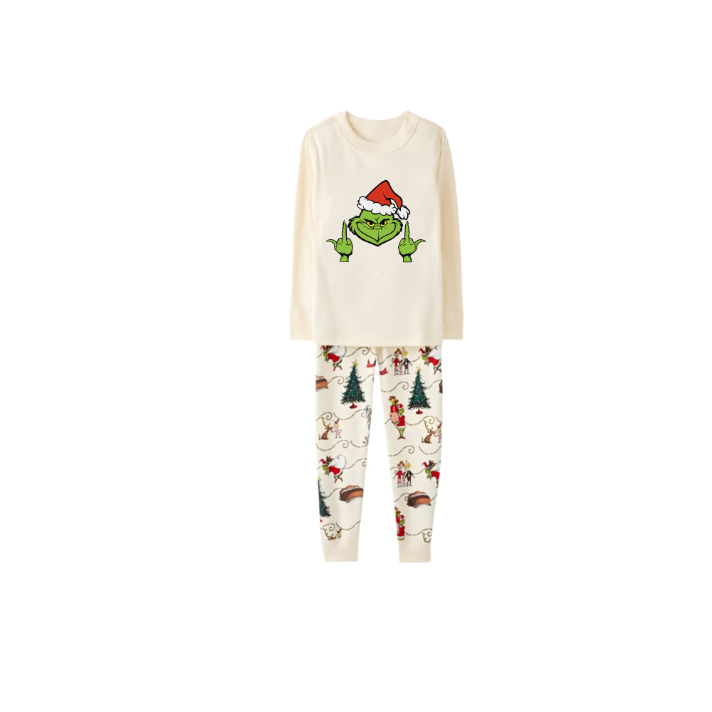Beige Christmas Pattern Print Christmas Pajamas Set With Funny Grinch Print