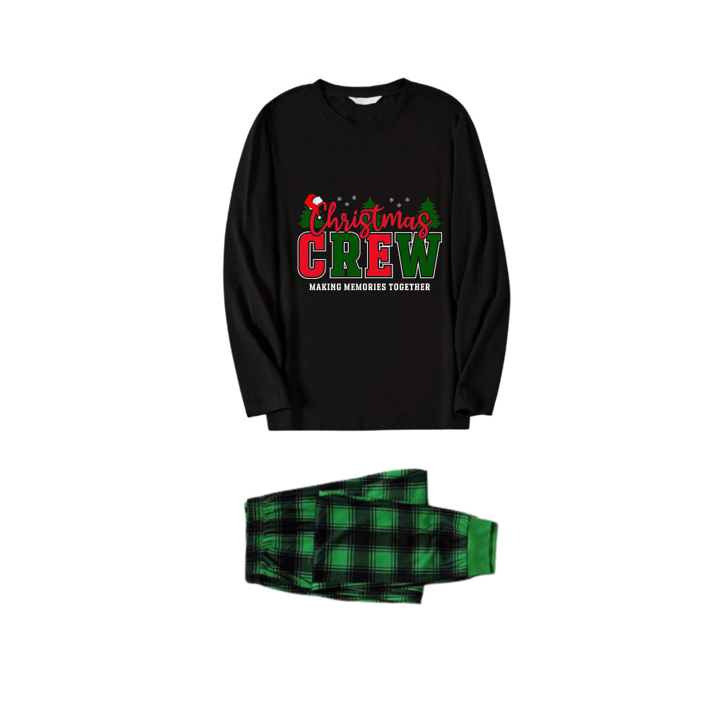 Christmas Family Matching Pajamas-Black Top and Green Plaid Pants Pjs Set with "Christmas Crew Making Memories Together " Slogan Print