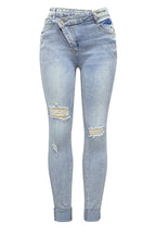 Denim High Waist Ripped Slim Fit Tapered Casual Cuffed Jeans-LightBlue