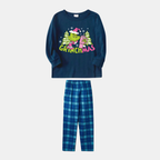 Navy & Sky Blue Plaid Christmas Pajamas Set With Grinch and " Grinchmas" Text Print