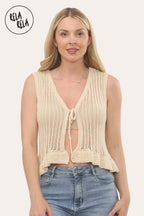 Crochet Tie Front Frill Detailed Top in Beige