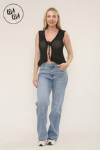 Crochet Tie Front Frill Detailed Top in Black