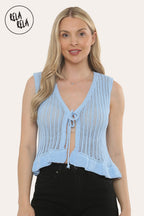 Crochet Tie Front Frill Detailed Top in Blue
