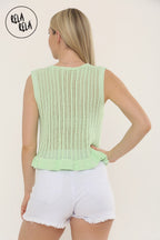 Crochet Tie Front Frill Detailed Top in Mint