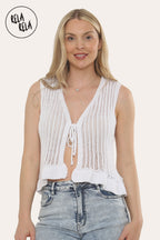 Crochet Tie Front Frill Detailed Top in White