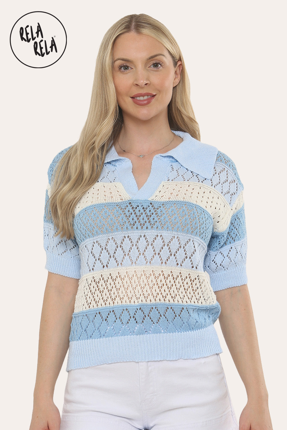 Collared Crochet Polo Shirt Jumper Top in Blue