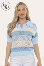 Collared Crochet Polo Shirt Jumper Top in Blue
