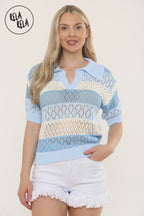 Collared Crochet Polo Shirt Jumper Top in Blue
