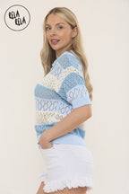 Collared Crochet Polo Shirt Jumper Top in Blue