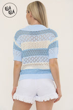 Collared Crochet Polo Shirt Jumper Top in Blue