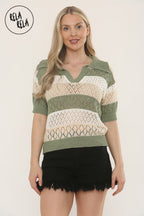 Collared Crochet Polo Shirt Jumper Top in Khaki