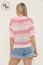 Collared Crochet Polo Shirt Jumper Top in Pink
