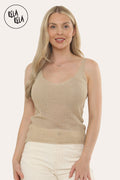 Summer Sleeveless Shimmery V Neck Cami Vest Tank Top in Gold