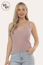 Summer Sleeveless Shimmery V Neck Cami Vest Tank Top in Rose Pink