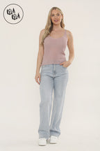 Summer Sleeveless Shimmery V Neck Cami Vest Tank Top in Rose Pink