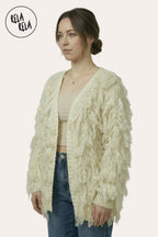 Fringe Decor Long Sleeve Knitted Cardigan in Cream