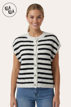 Striped Knitted Sleeveless Jumper Vest with Buttons in White/Black