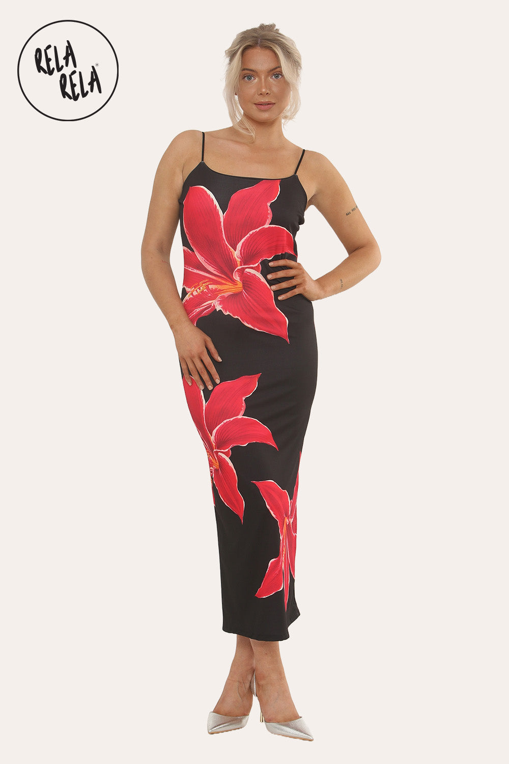 Strappy Large Flower Print Maxi Dress Partywear Going Out Dress in Black