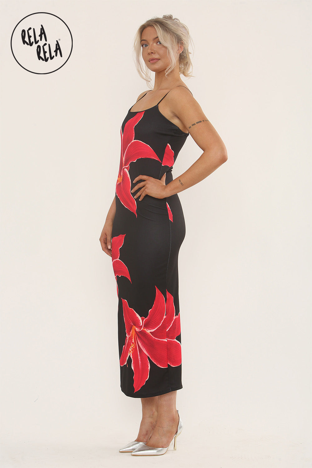 Strappy Large Flower Print Maxi Dress Partywear Going Out Dress in Black