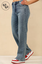 Blue Viral Stretchy Mid-Waist Rhinestone Detailed Wide Leg Jeans in Denim Blue