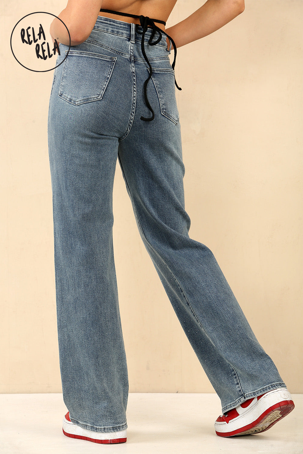 Blue Viral Stretchy Mid-Waist Rhinestone Detailed Wide Leg Jeans in Denim Blue