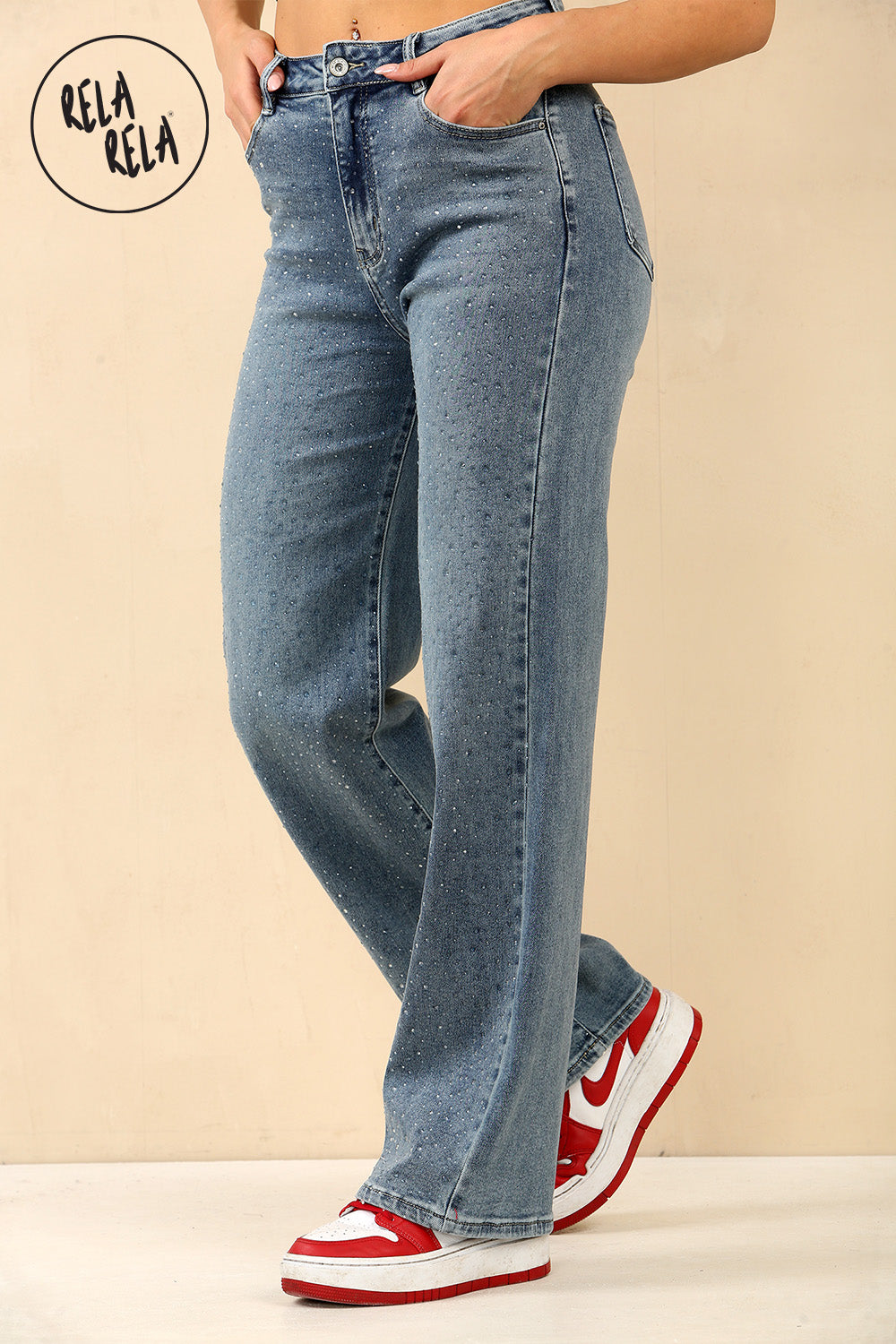 Blue Viral Stretchy Mid-Waist Rhinestone Detailed Wide Leg Jeans in Dewdrop Denim Blue