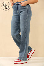 Blue Viral Stretchy Mid-Waist Rhinestone Detailed Wide Leg Jeans in Dewdrop Denim Blue