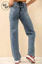 Blue Viral Stretchy Mid-Waist Rhinestone Detailed Wide Leg Jeans in Dewdrop Denim Blue