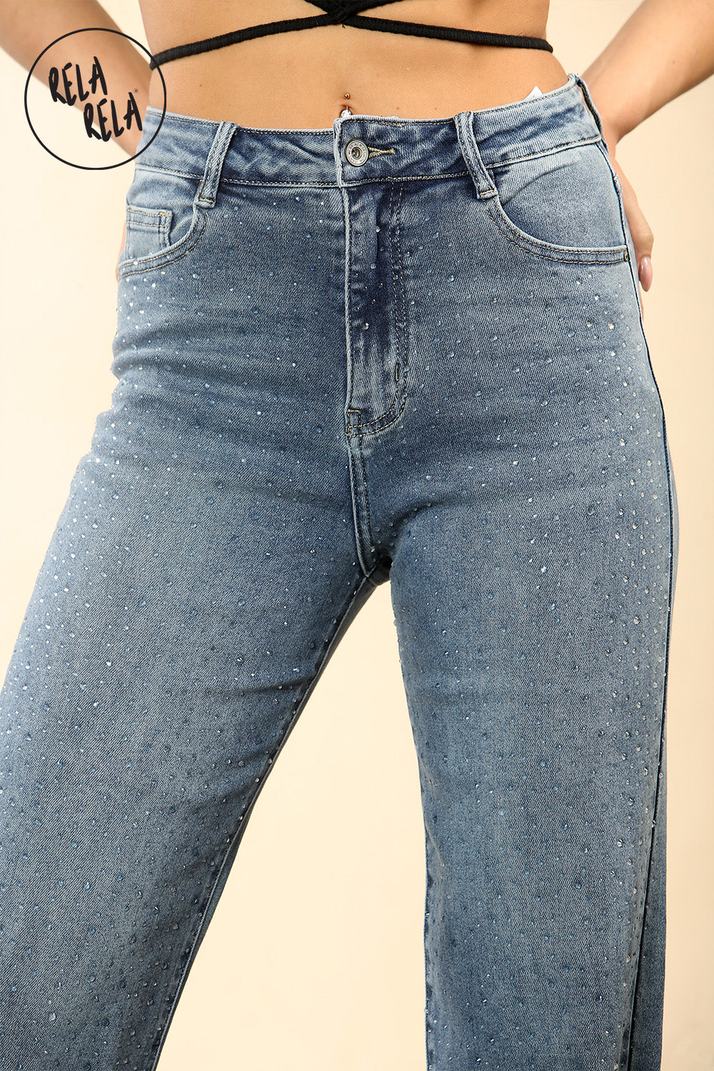 Blue Viral Stretchy Mid-Waist Rhinestone Detailed Wide Leg Jeans in Dewdrop Denim Blue