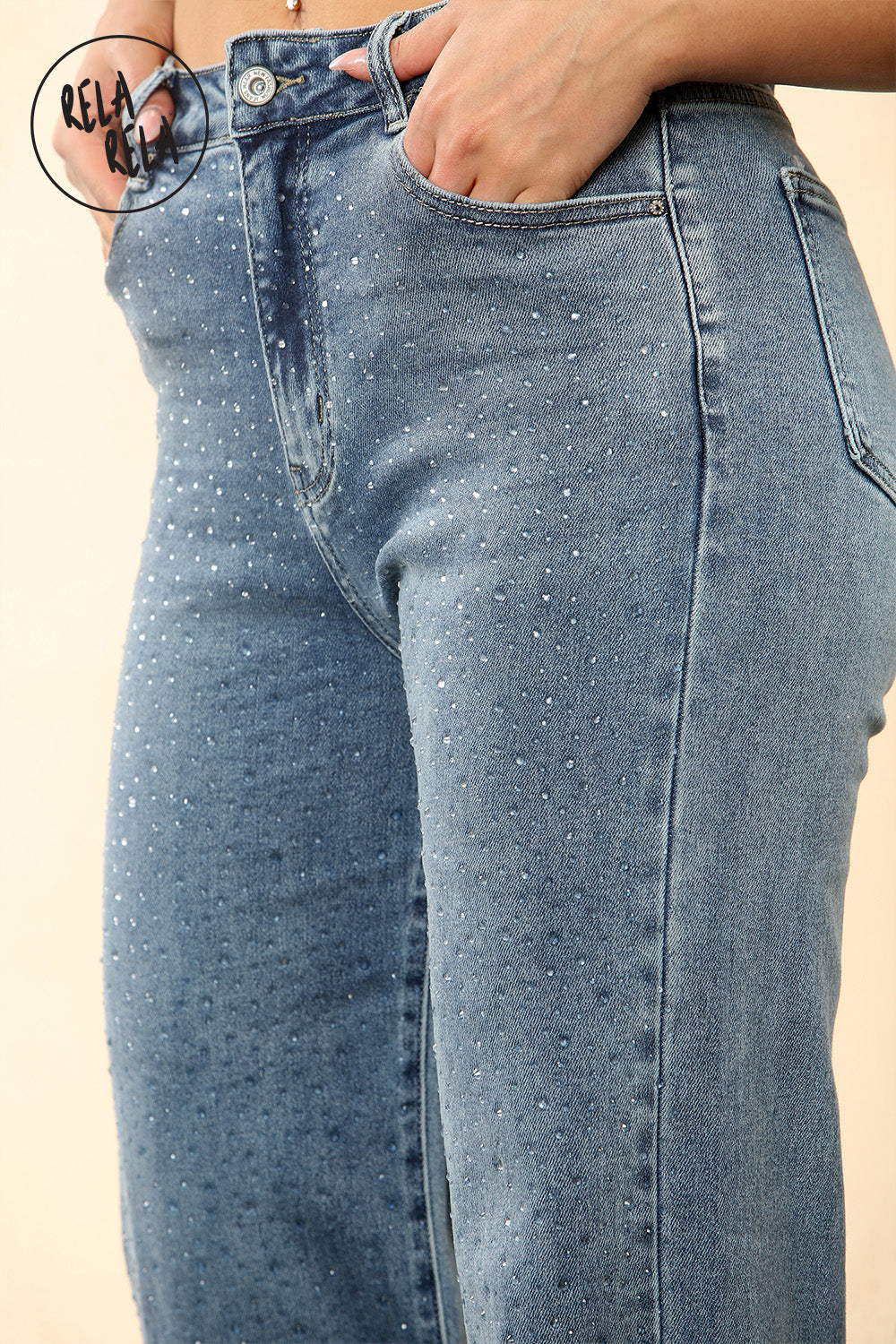 Blue Viral Stretchy Mid-Waist Rhinestone Detailed Wide Leg Jeans in Dewdrop Denim Blue
