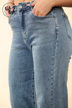 Blue Viral Stretchy Mid-Waist Rhinestone Detailed Wide Leg Jeans in Dewdrop Denim Blue