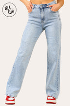 Blue Viral Stretchy Mid-Waist Rhinestone Detailed Wide Leg Jeans in Dewdrop Light Blue
