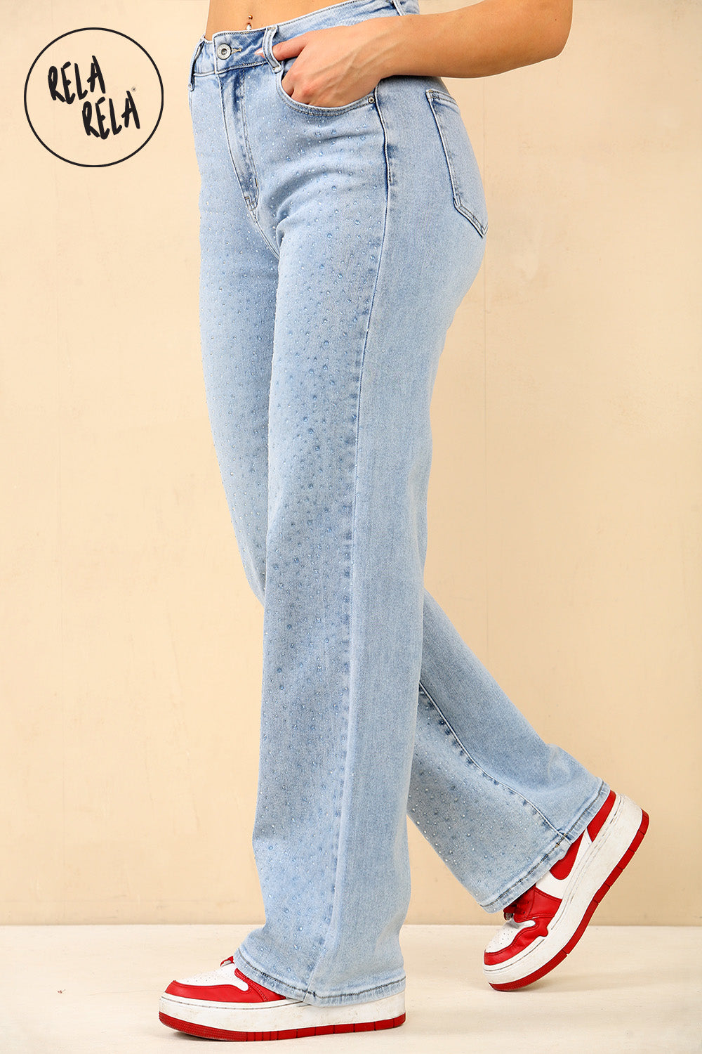 Blue Viral Stretchy Mid-Waist Rhinestone Detailed Wide Leg Jeans in Dewdrop Light Blue