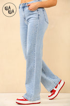 Blue Viral Stretchy Mid-Waist Rhinestone Detailed Wide Leg Jeans in Dewdrop Light Blue
