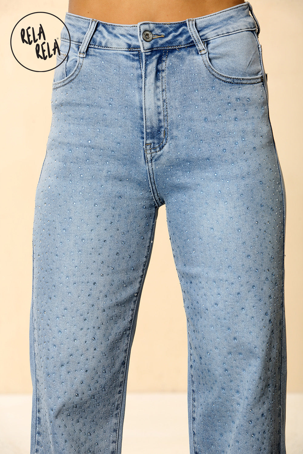 Blue Viral Stretchy Mid-Waist Rhinestone Detailed Wide Leg Jeans in Dewdrop Light Blue